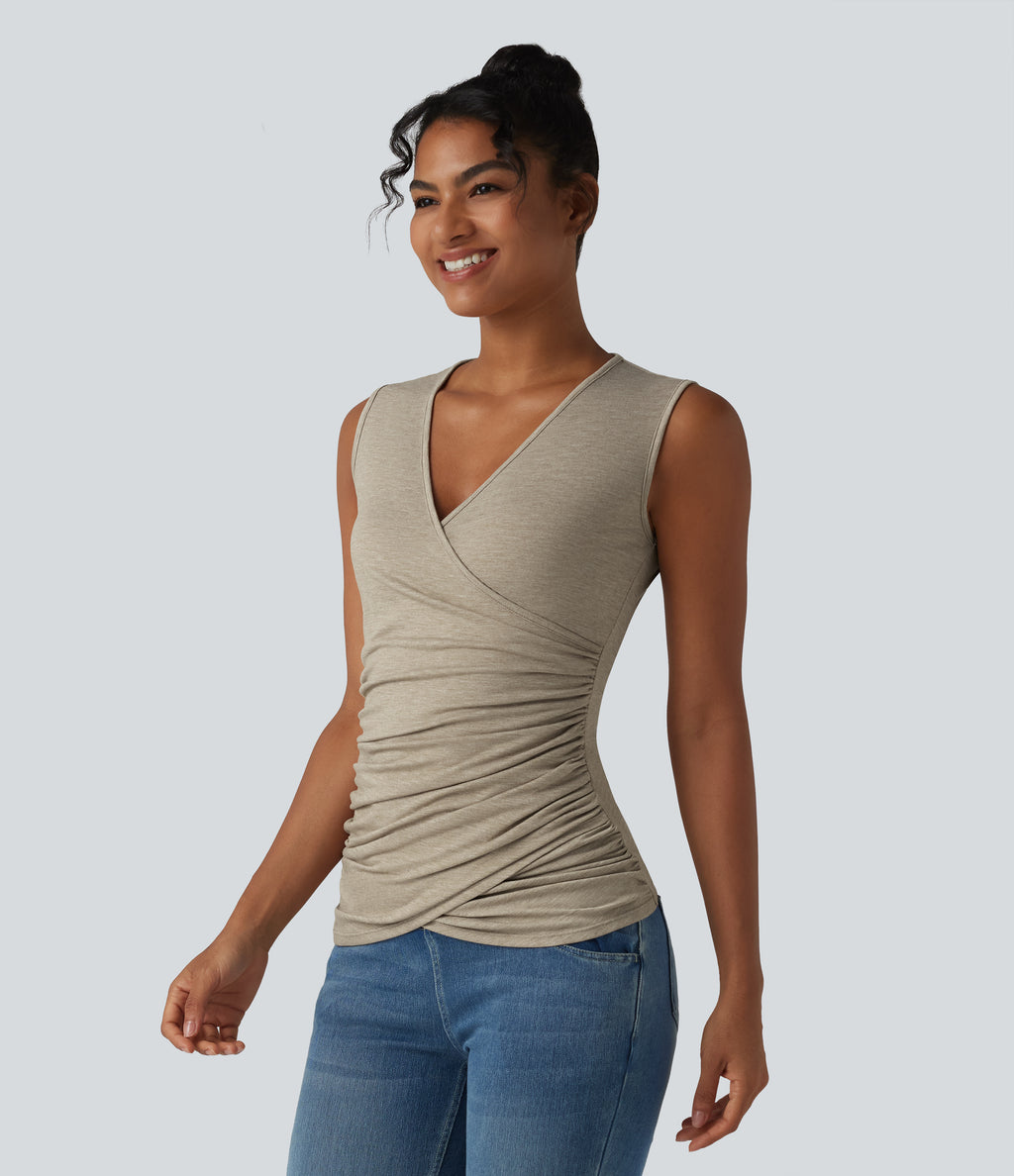 V Neck Crossvoer Ruched Casual Tank Top — Khaki Floral Yarn — view 3