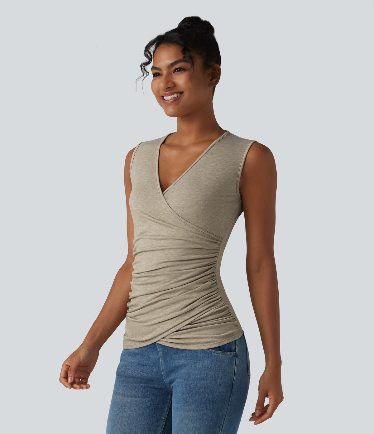 V Neck Crossvoer Ruched Casual Tank Top — Khaki Floral Yarn — view 3