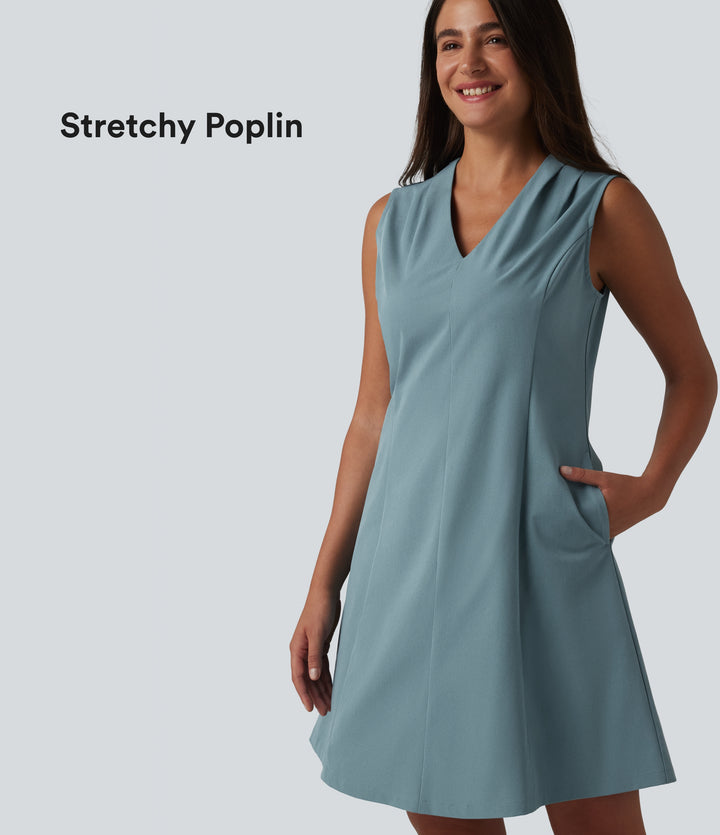 V-neck Sleeveless Pleated Invisible Zipper Mini A-line Stretchy Poplin Work Dress with Pockets — Stone Blue — view 1