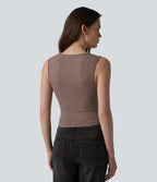 Ribbed Knit V-neck Crossover Ruched Casual Tank Top — Brown Lentil — view 3