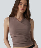 Ribbed Knit V-neck Crossover Ruched Casual Tank Top — Brown Lentil — view 2