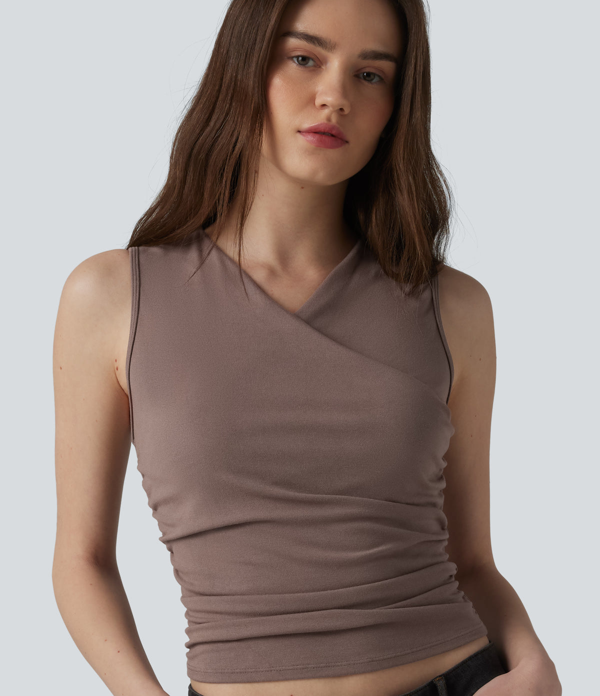 Ribbed Knit V-neck Crossover Ruched Casual Tank Top — Brown Lentil — view 2