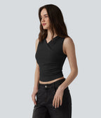 Ribbed Knit V-neck Crossover Ruched Casual Tank Top — Black — view 6