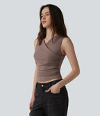 Ribbed Knit V-neck Crossover Ruched Casual Tank Top — Brown Lentil — view 1