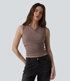 Ribbed Knit V-neck Crossover Ruched Casual Tank Top — Brown Lentil — view 4