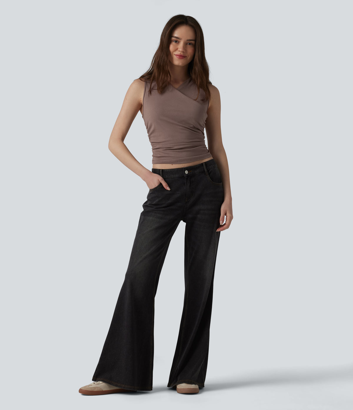 Ribbed Knit V-neck Crossover Ruched Casual Tank Top — Brown Lentil — view 5
