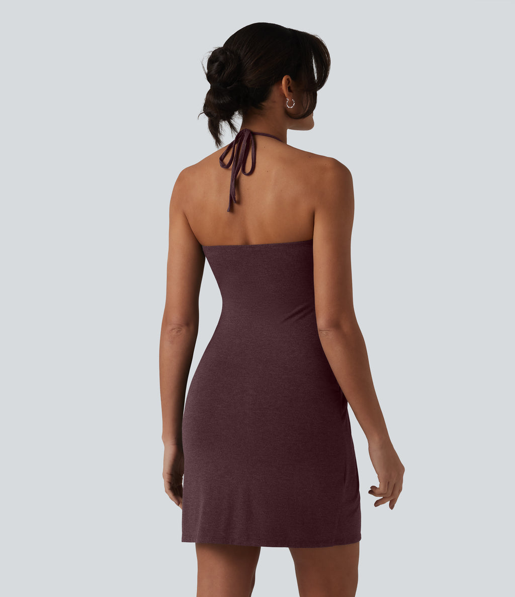 Halter Tie Back Mini Resort Dress with Pockets — Sassafras — view 3