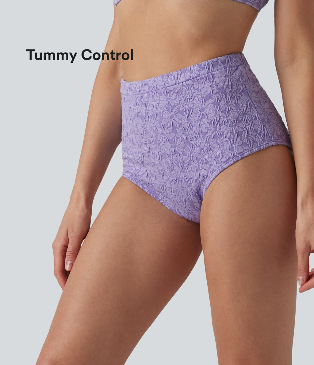 High Waisted Tummy Control Jacquard Bikini Bottom Swimsuit — Purple Rose — view 1