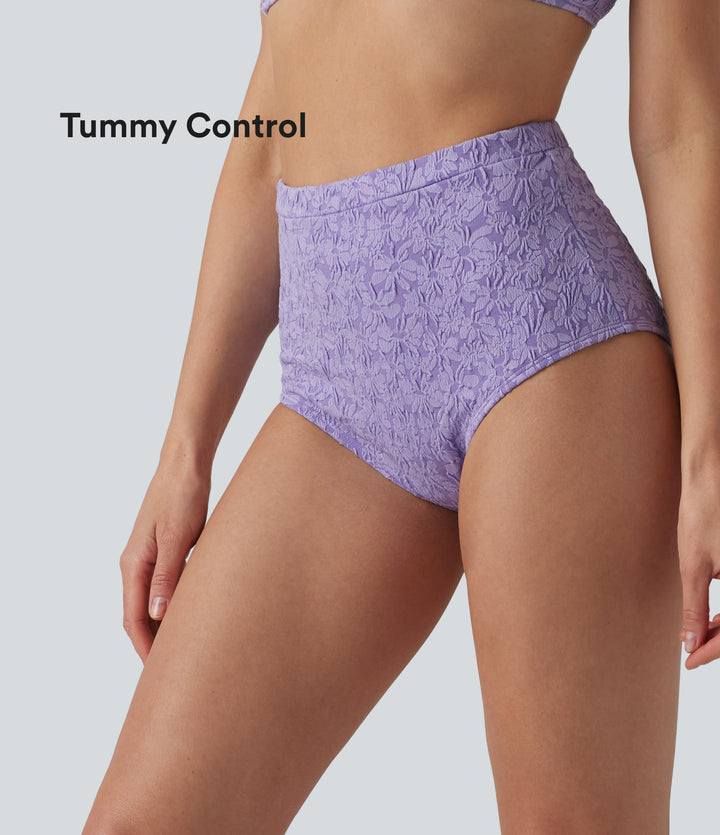 High Waisted Tummy Control Jacquard Bikini Bottom Swimsuit — Purple Rose — view 1