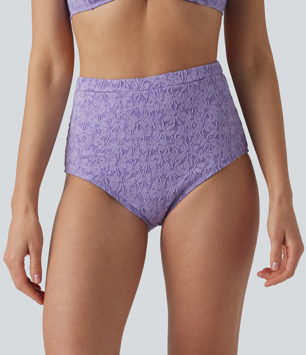 High Waisted Tummy Control Jacquard Bikini Bottom Swimsuit — Purple Rose — view 3