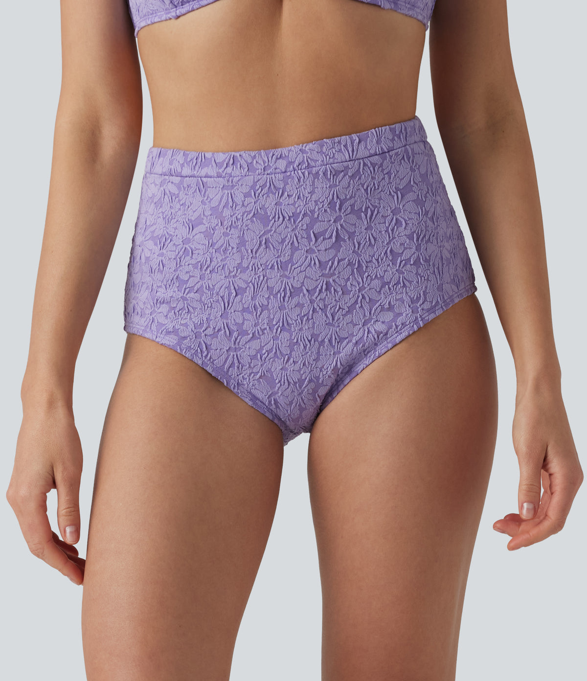 High Waisted Tummy Control Jacquard Bikini Bottom Swimsuit — Purple Rose — view 3