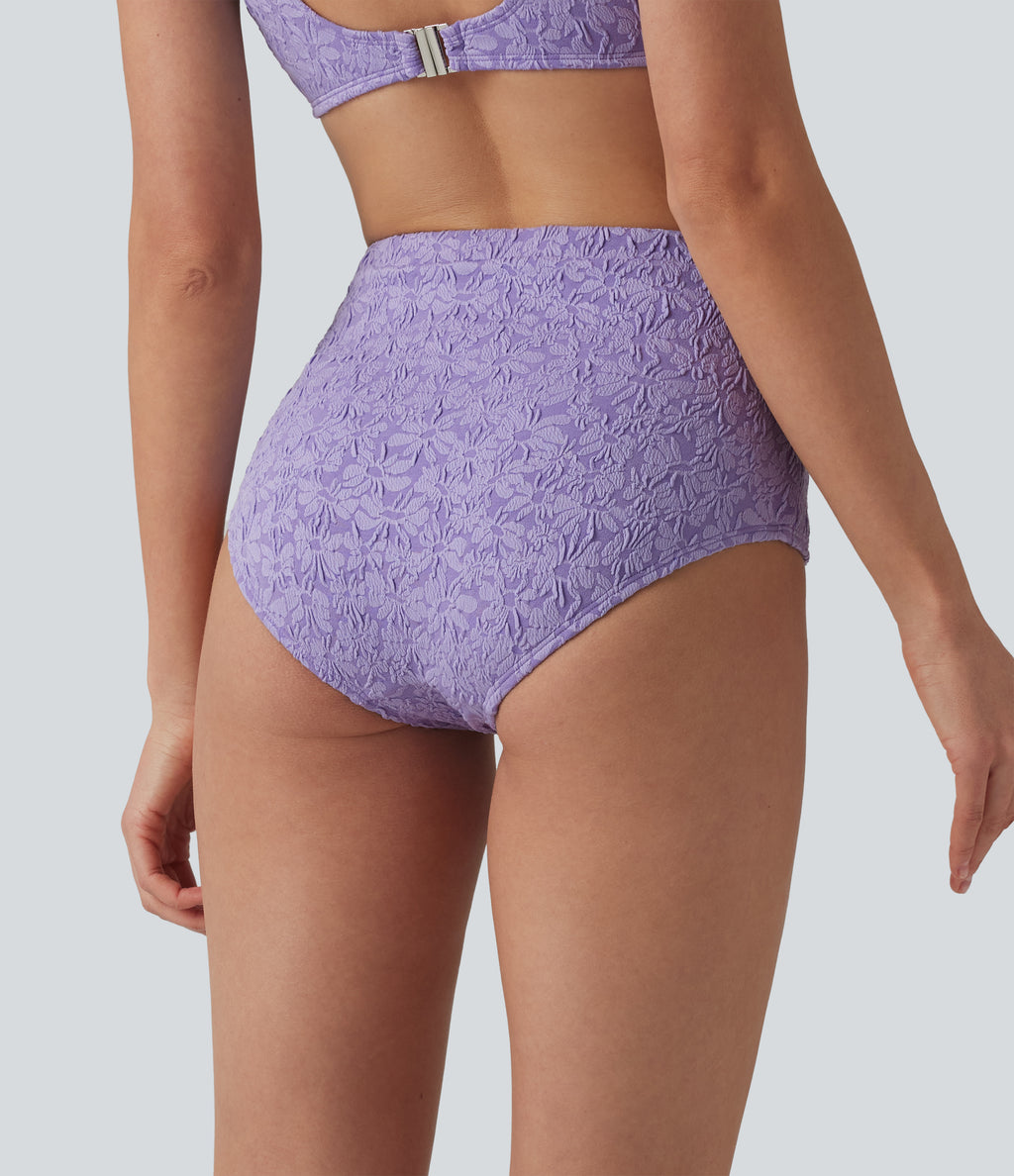 High Waisted Tummy Control Jacquard Bikini Bottom Swimsuit — Purple Rose — view 2