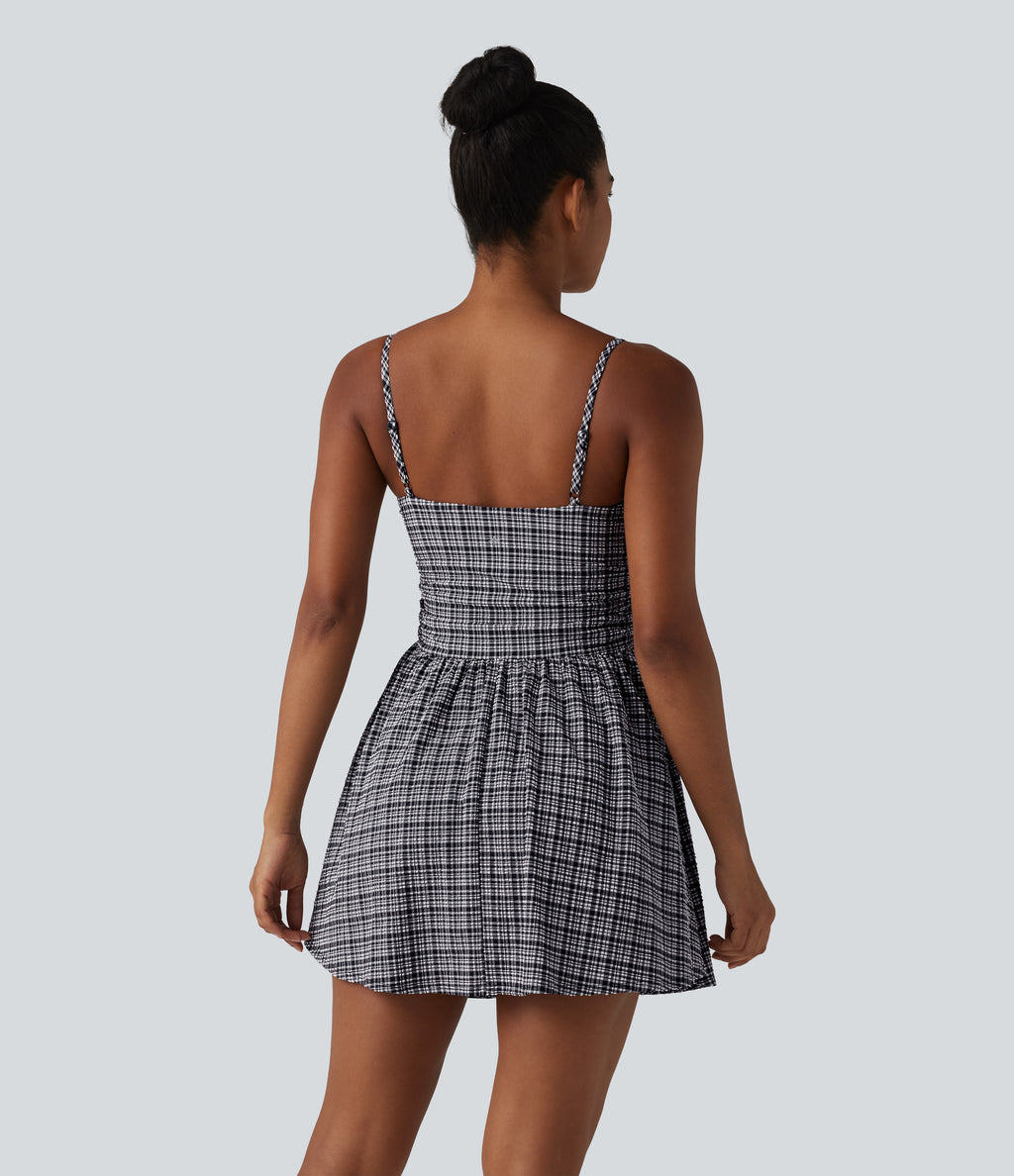 Adjustable Straps 2-in-1 Built-in Bra A-line Mini Plaid Crinkle Quick Dry Tennis Active Slip Dress with Pockets — Ink-Snow Weave Plaid — view 2