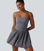 Adjustable Straps 2-in-1 Built-in Bra A-line Mini Plaid Crinkle Quick Dry Tennis Active Slip Dress with Pockets — Ink-Snow Weave Plaid — view 7