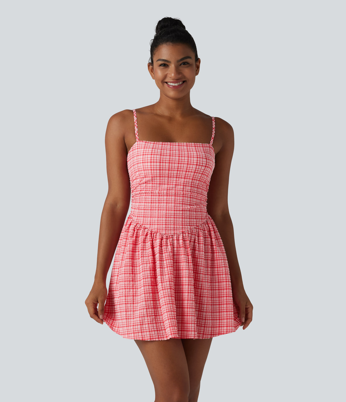 Adjustable Straps 2-in-1 Built-in Bra A-line Mini Plaid Crinkle Quick Dry Tennis Active Slip Dress with Pockets — Crimson Snow Weave Plaid — view 9
