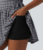 Adjustable Straps 2-in-1 Built-in Bra A-line Mini Plaid Crinkle Quick Dry Tennis Active Slip Dress with Pockets — Ink-Snow Weave Plaid — view 5