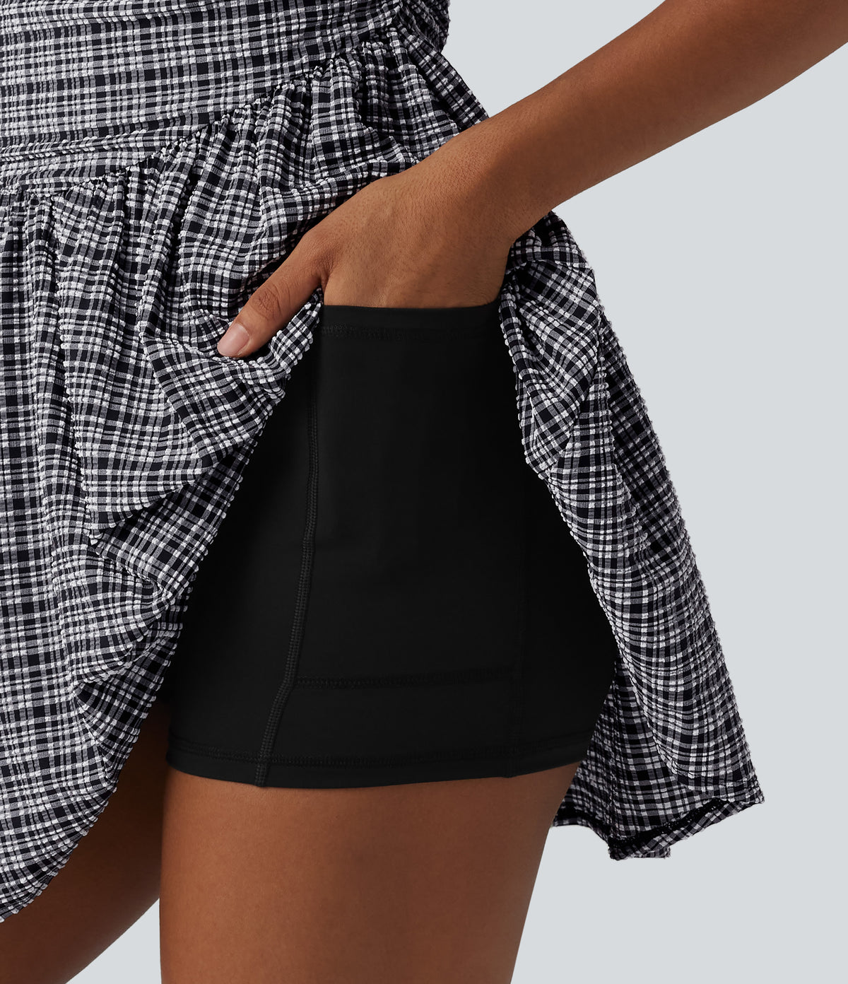 Adjustable Straps 2-in-1 Built-in Bra A-line Mini Plaid Crinkle Quick Dry Tennis Active Slip Dress with Pockets — Ink-Snow Weave Plaid — view 5