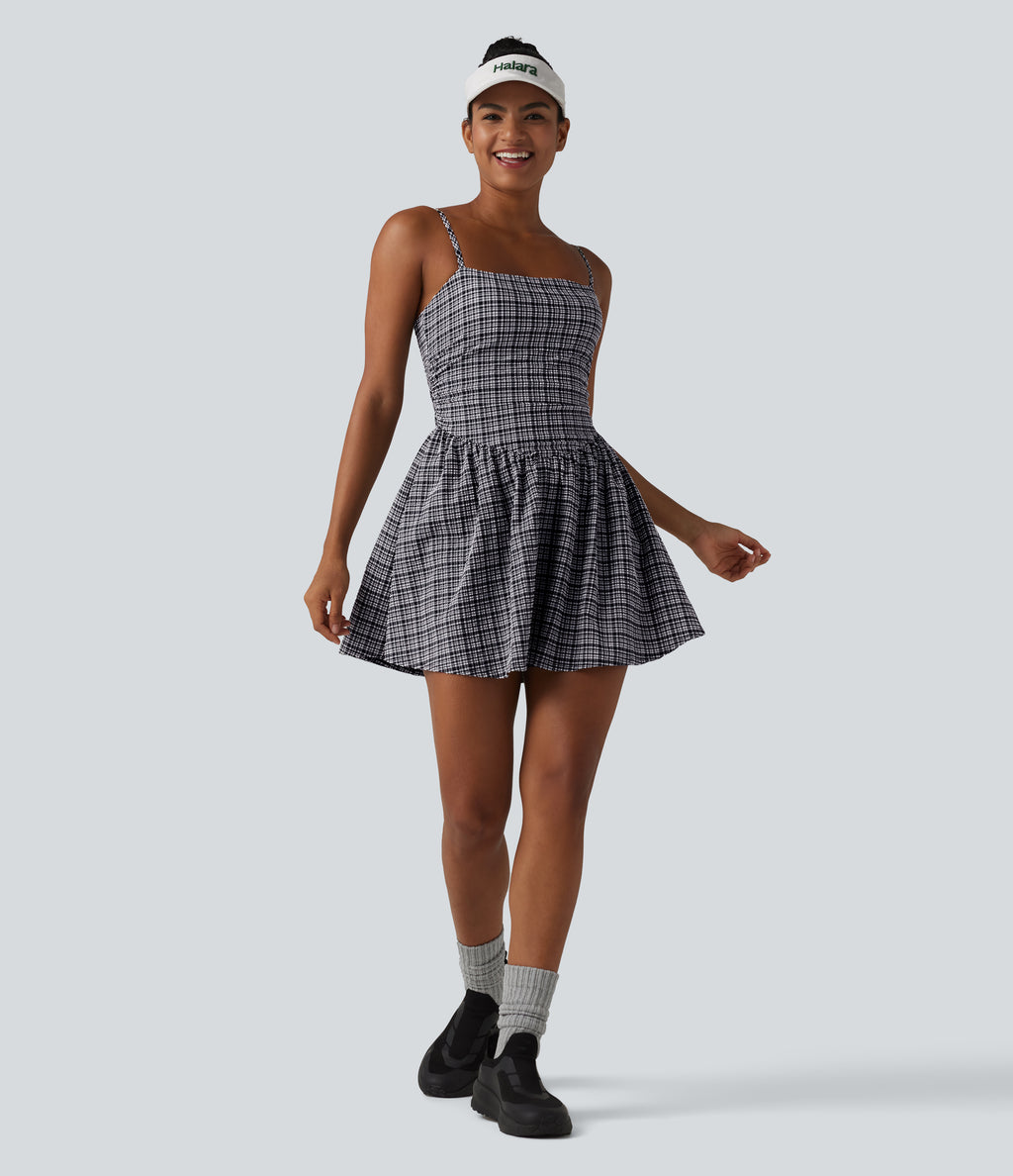 Adjustable Straps 2-in-1 Built-in Bra A-line Mini Plaid Crinkle Quick Dry Tennis Active Slip Dress with Pockets — Ink-Snow Weave Plaid — view 8