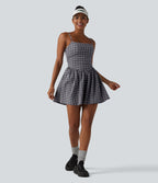 Adjustable Straps 2-in-1 Built-in Bra A-line Mini Plaid Crinkle Quick Dry Tennis Active Slip Dress with Pockets — Ink-Snow Weave Plaid — view 8