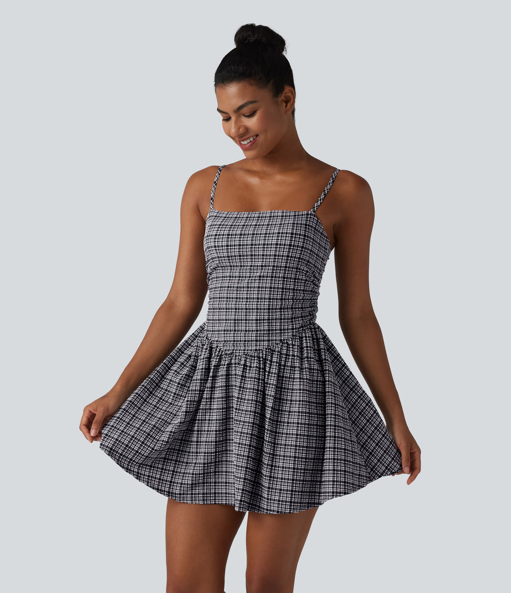 Adjustable Straps 2-in-1 Built-in Bra A-line Mini Plaid Crinkle Quick Dry Tennis Active Slip Dress with Pockets — Ink-Snow Weave Plaid — view 3