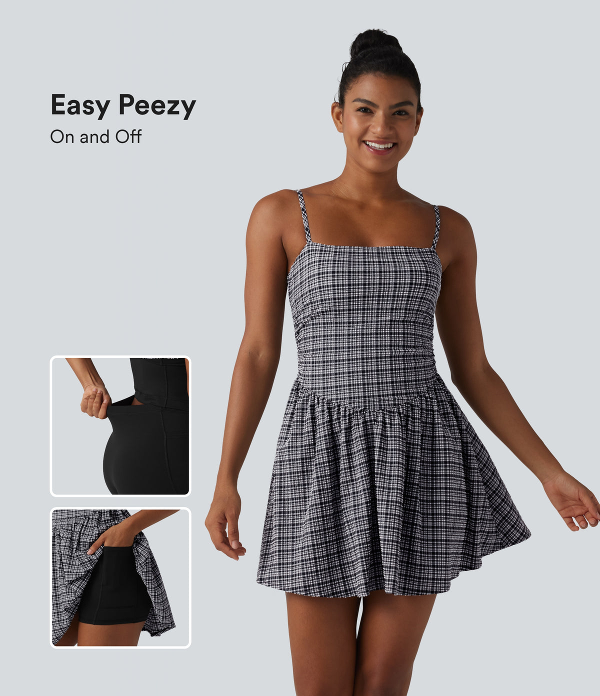 Adjustable Straps 2-in-1 Built-in Bra A-line Mini Plaid Crinkle Quick Dry Tennis Active Slip Dress with Pockets — Ink-Snow Weave Plaid — view 1