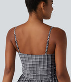 Adjustable Straps 2-in-1 Built-in Bra A-line Mini Plaid Crinkle Quick Dry Tennis Active Slip Dress with Pockets — Ink-Snow Weave Plaid — view 6