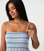 Removable Straps Shirred Stripes Linen-Feel Resort Slip Dress — Skyline Weave — view 7
