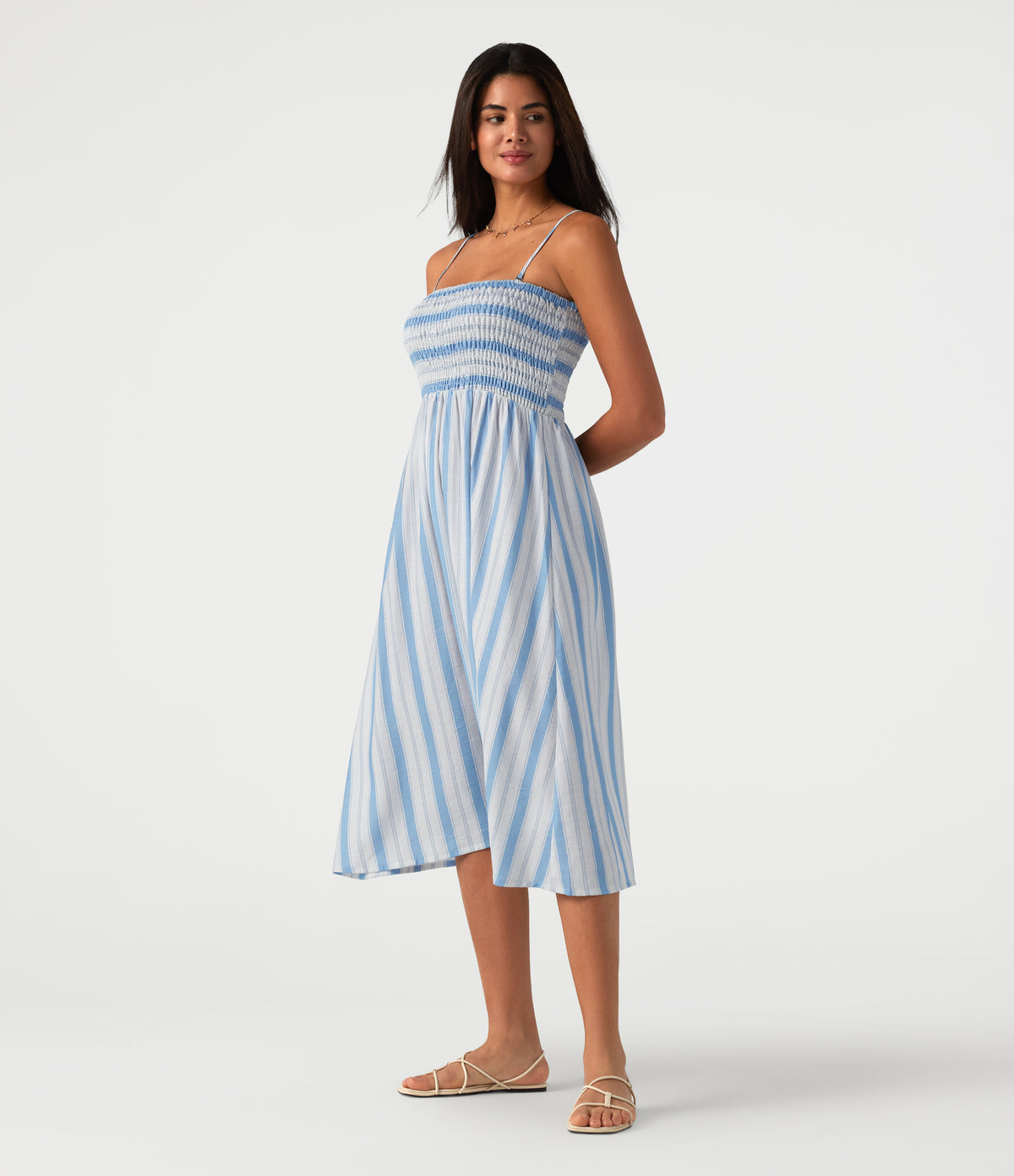 Removable Straps Shirred Stripes Linen-Feel Resort Slip Dress — Skyline Weave — view 4