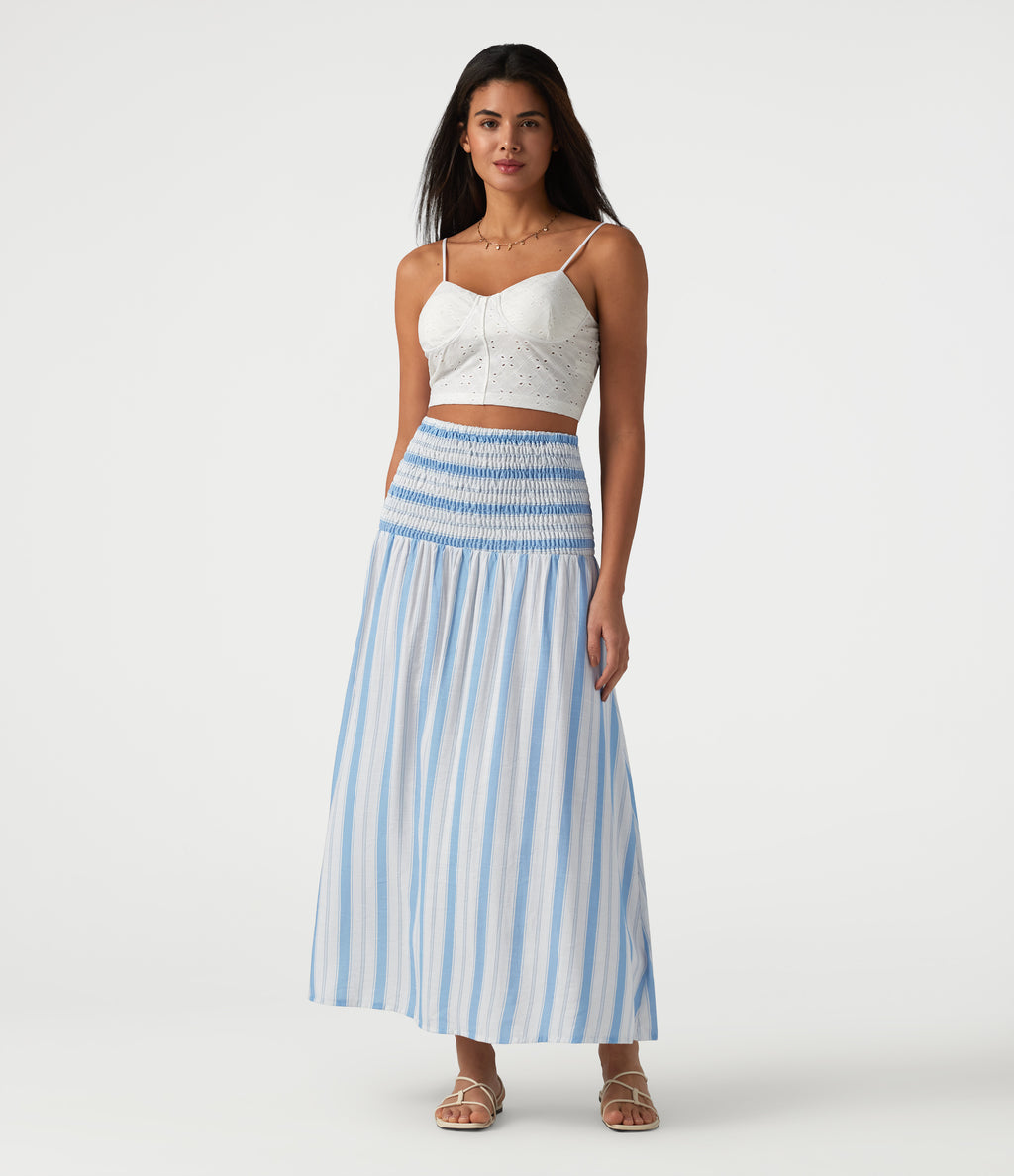 Removable Straps Shirred Stripes Linen-Feel Resort Slip Dress — Skyline Weave — view 5