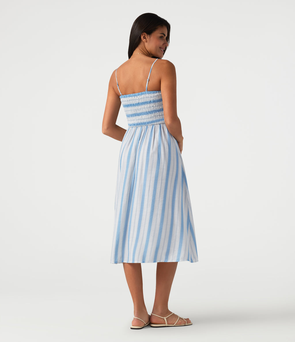 Removable Straps Shirred Stripes Linen-Feel Resort Slip Dress — Skyline Weave — view 2
