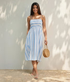 Removable Straps Shirred Stripes Linen-Feel Resort Slip Dress — Skyline Weave — view 1
