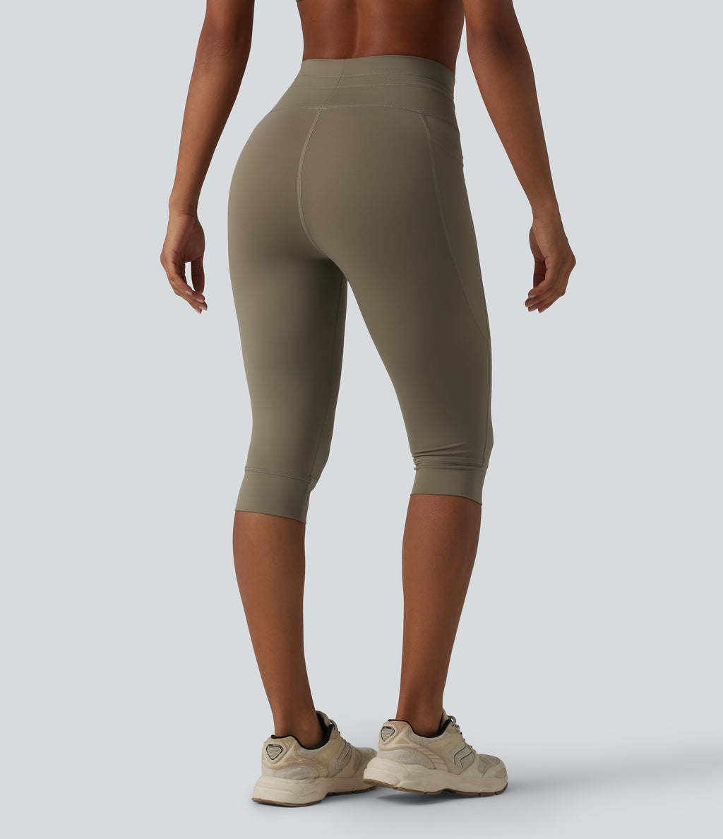 High Waisted Drawstring Plain Yoga Pedal Pushers Leggings with Pockets — Hay Brown — view 2