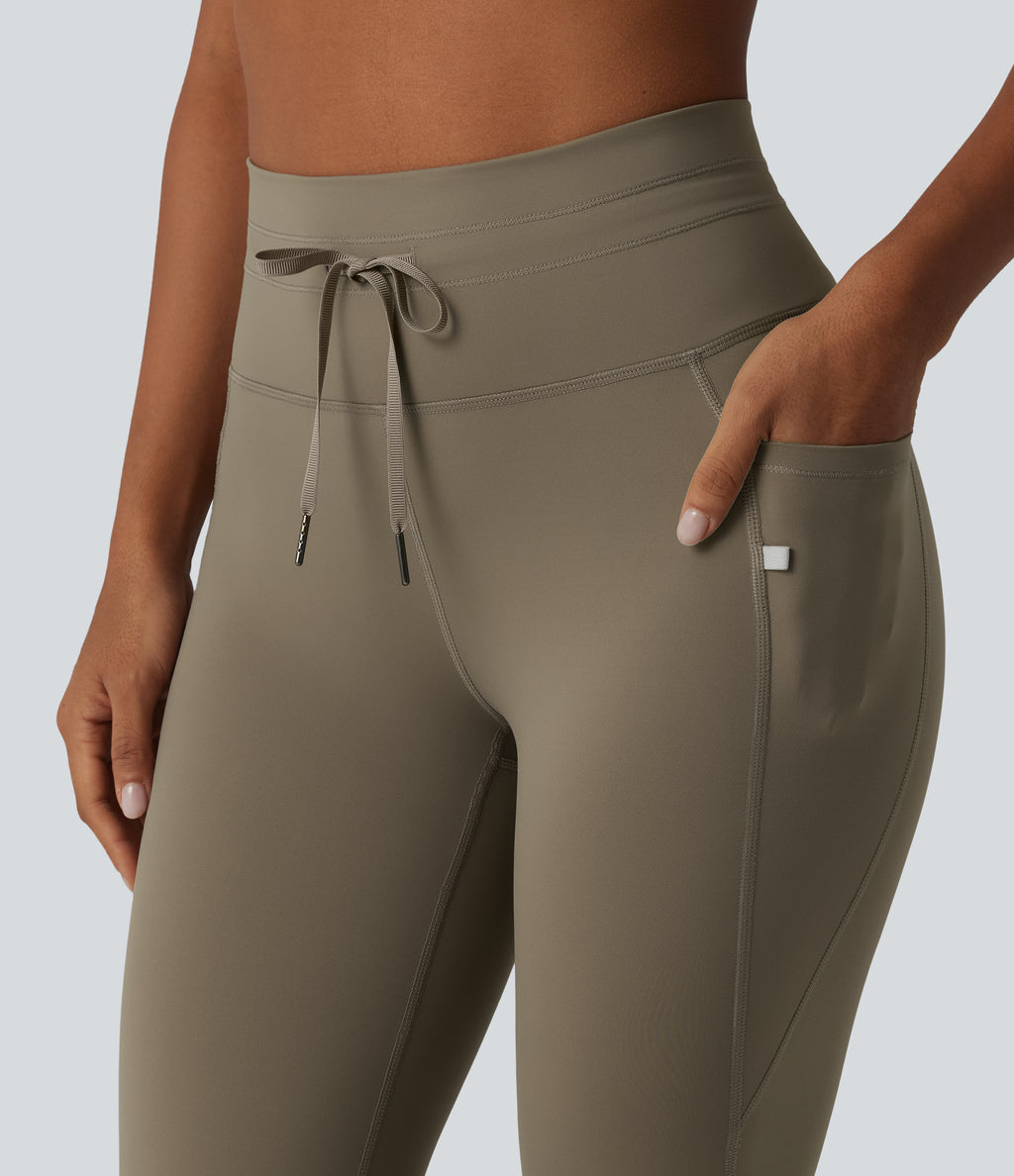 High Waisted Drawstring Plain Yoga Pedal Pushers Leggings with Pockets — Hay Brown — view 4