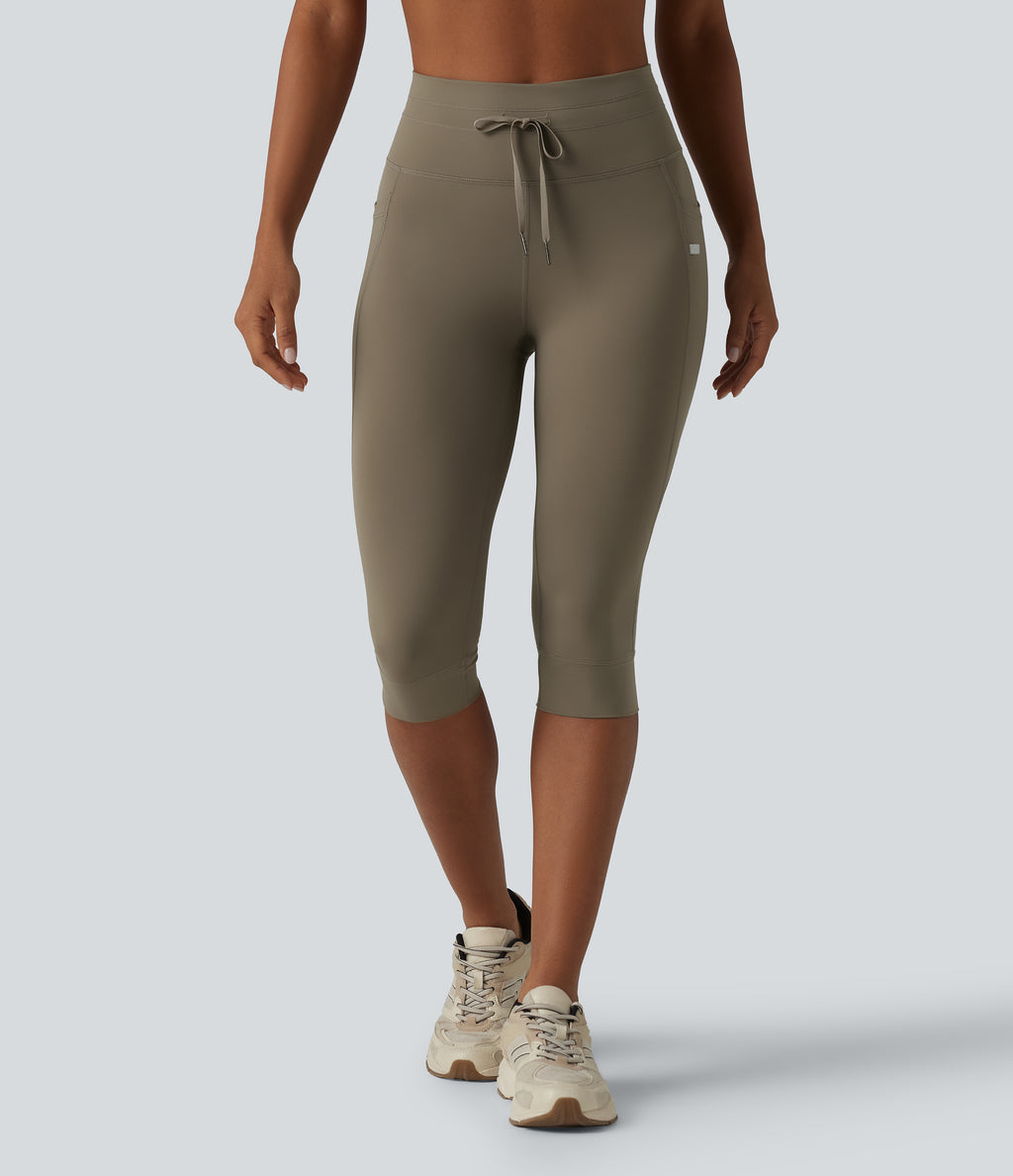 High Waisted Drawstring Plain Yoga Pedal Pushers Leggings with Pockets — Hay Brown — view 3
