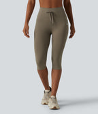 High Waisted Drawstring Plain Yoga Pedal Pushers Leggings with Pockets — Hay Brown — view 3
