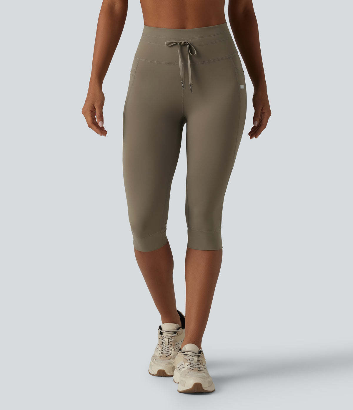 High Waisted Drawstring Plain Yoga Pedal Pushers Leggings with Pockets — Hay Brown — view 3