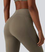 High Waisted Drawstring Plain Yoga Pedal Pushers Leggings with Pockets — Hay Brown — view 5