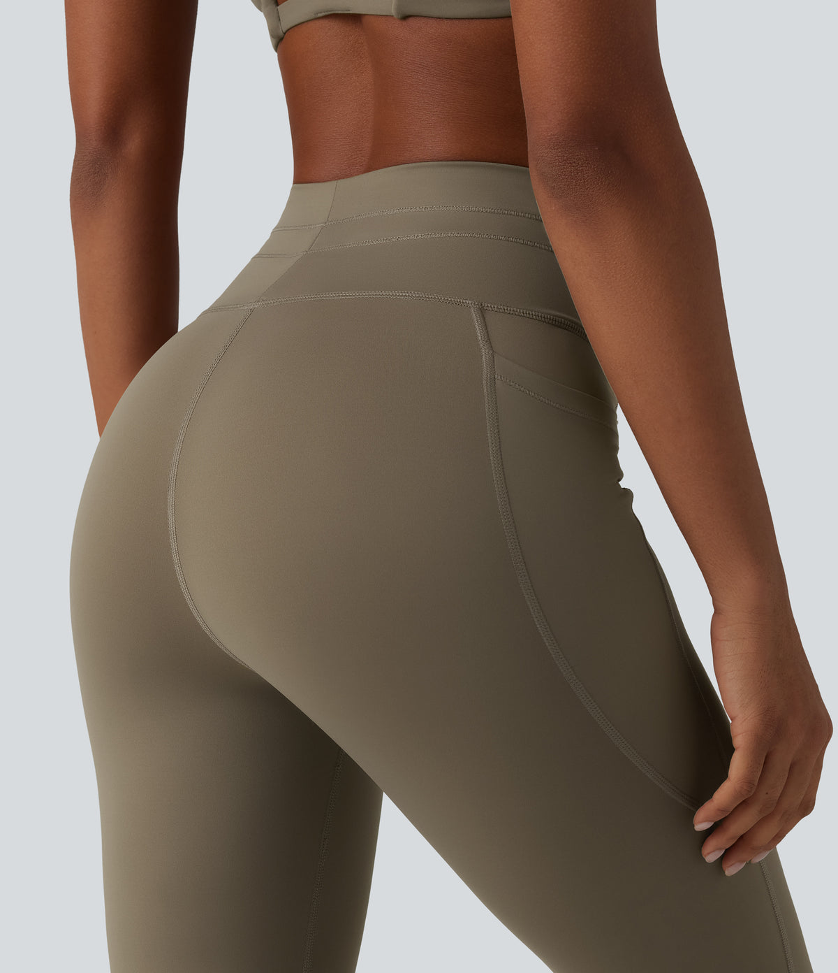 High Waisted Drawstring Plain Yoga Pedal Pushers Leggings with Pockets — Hay Brown — view 5