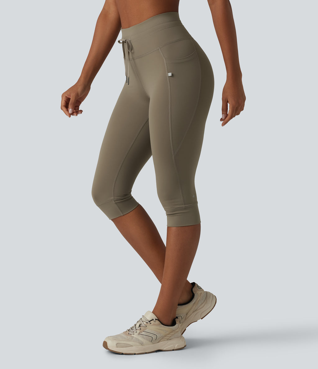 High Waisted Drawstring Plain Yoga Pedal Pushers Leggings with Pockets — Hay Brown — view 1