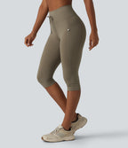 High Waisted Drawstring Plain Yoga Pedal Pushers Leggings with Pockets — Hay Brown — view 1