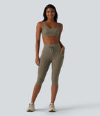 High Waisted Drawstring Plain Yoga Pedal Pushers Leggings with Pockets — Hay Brown — view 6