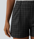 High Waisted Straight Leg Plaid Work Shorts with Pockets — Charcoal Haze — view 4