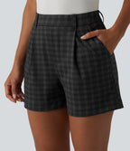 High Waisted Straight Leg Plaid Work Shorts with Pockets — Charcoal Haze — view 5