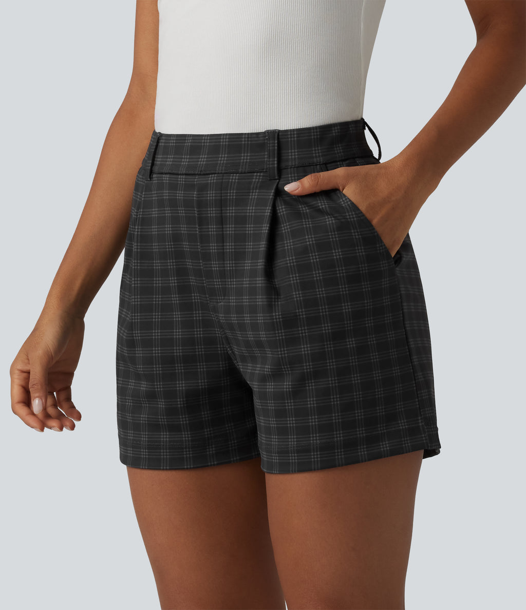 High Waisted Straight Leg Plaid Work Shorts with Pockets — Charcoal Haze — view 3