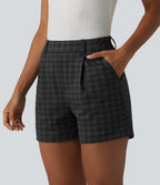 High Waisted Straight Leg Plaid Work Shorts with Pockets — Charcoal Haze — view 3