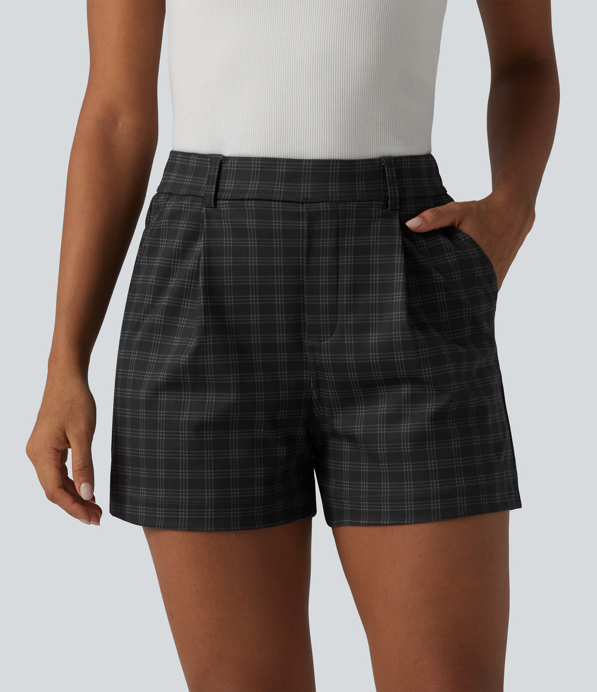 High Waisted Straight Leg Plaid Work Shorts with Pockets — Charcoal Haze — view 1