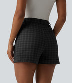 High Waisted Straight Leg Plaid Work Shorts with Pockets — Charcoal Haze — view 2