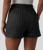 High Waisted Straight Leg Plaid Work Shorts with Pockets — Charcoal Haze — view 6