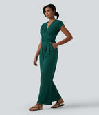 V-neck Short Sleeve Crossover Tie Pleated Work Jumpsuit with Pockets — Rain Forest — view 3