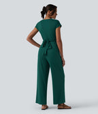 V-neck Short Sleeve Crossover Tie Pleated Work Jumpsuit with Pockets — Rain Forest — view 2